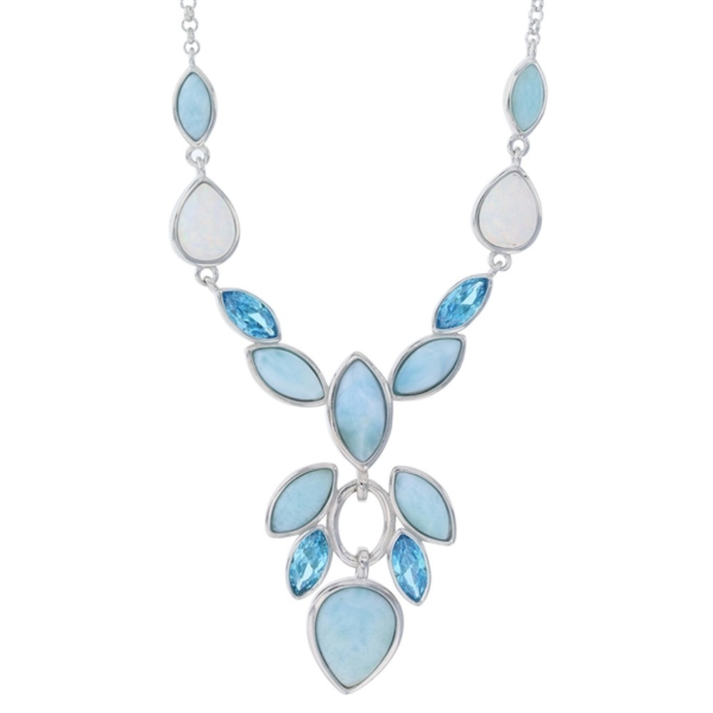 925 Sterling Silver Larimar Marquise, Teardrop White Opal, AQ CZ Necklace 16"+2"